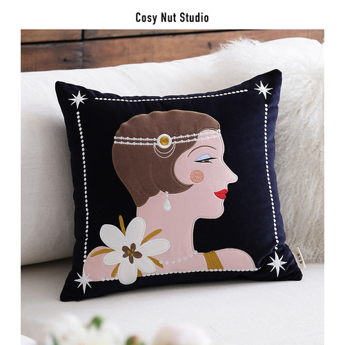 慢松球原创 e盖茨比风格抱枕 丝绒绣花艺术 复古轻奢客厅沙发靠垫