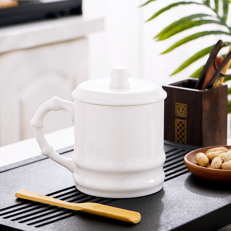 杯子陶瓷带盖大号骨瓷会议杯办公杯商务办K公室老板杯竹节茶杯定