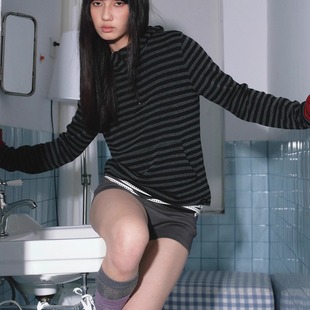 内搭打底T恤 套连帽拉链修身 OTPé 复古条纹假两件撞色袖