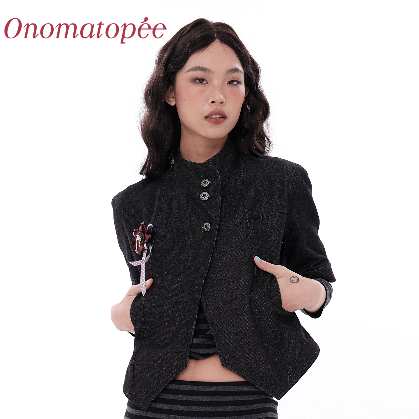 OTPe 春夏斜门襟收腰短款牛仔夹克原牛短袖外套