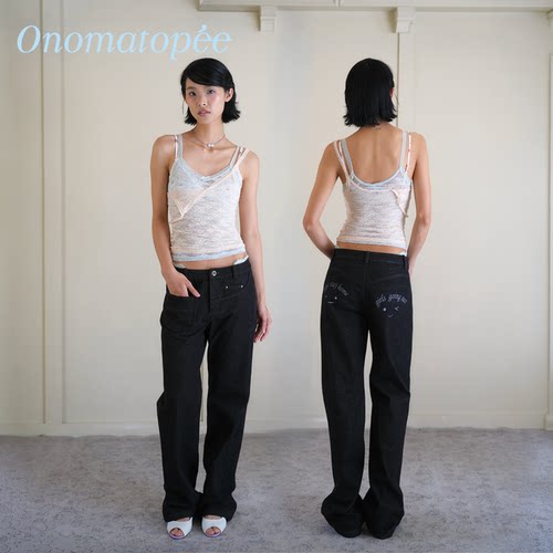 OTPe*蕾丝低腰直筒深色牛仔裤