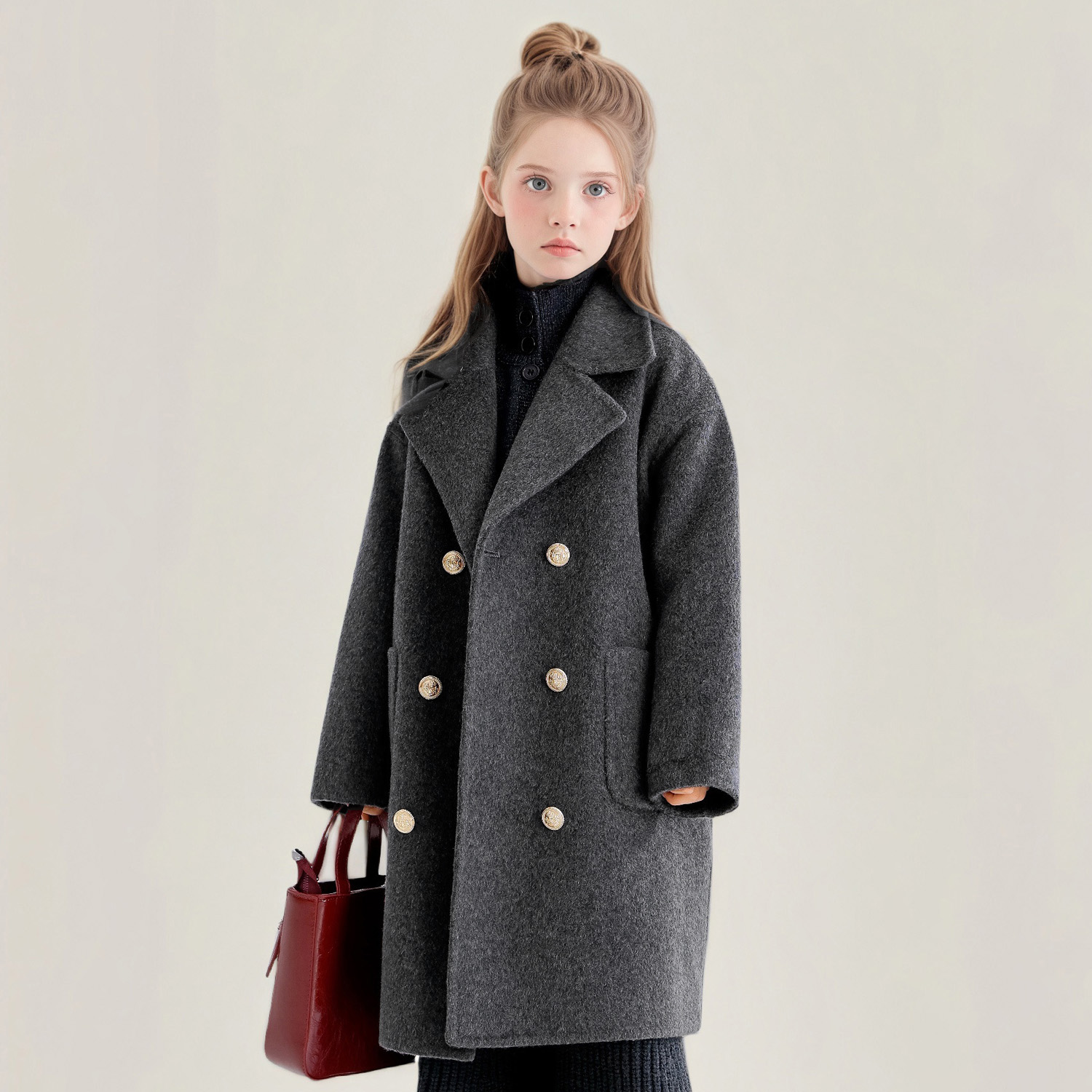 萌校长儿童毛呢子外套中长款