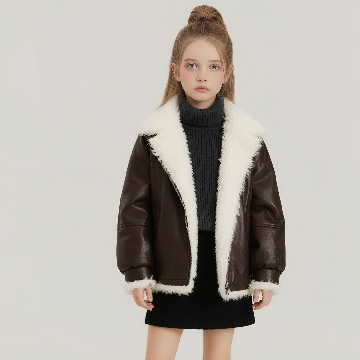 萌校长女童PU皮外套儿童机车服冬季新款皮草男童夹克皮衣正反两穿