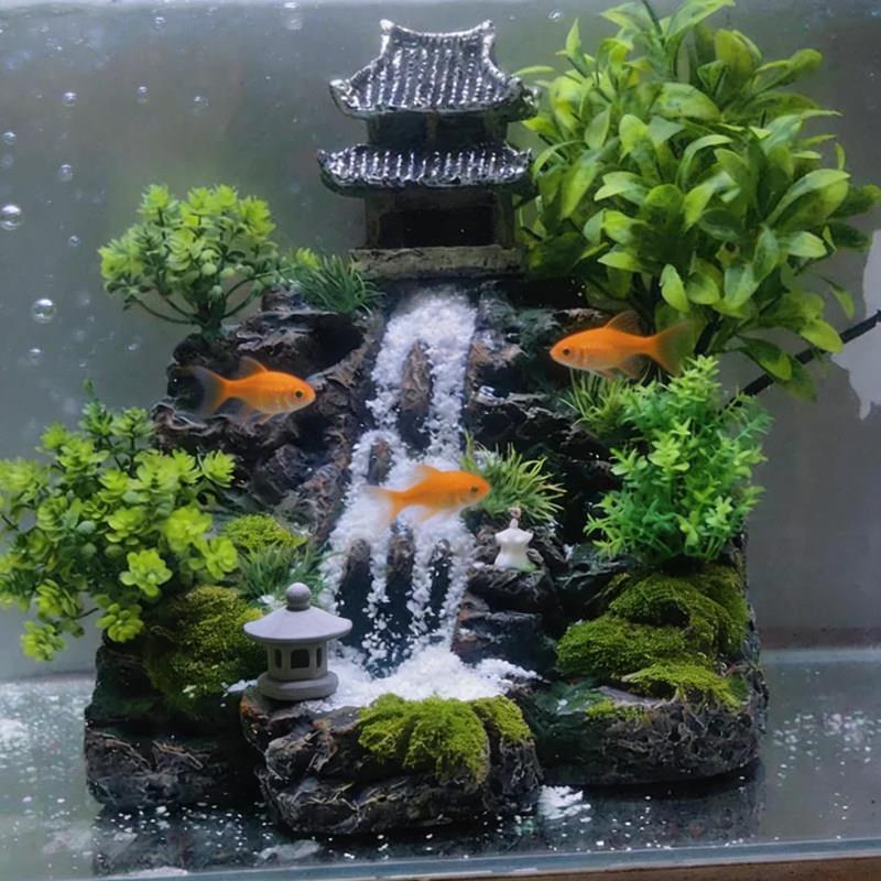 创意鱼缸造景流沙瀑布假山装饰水族箱流水摆件连接水泵白沙自循环