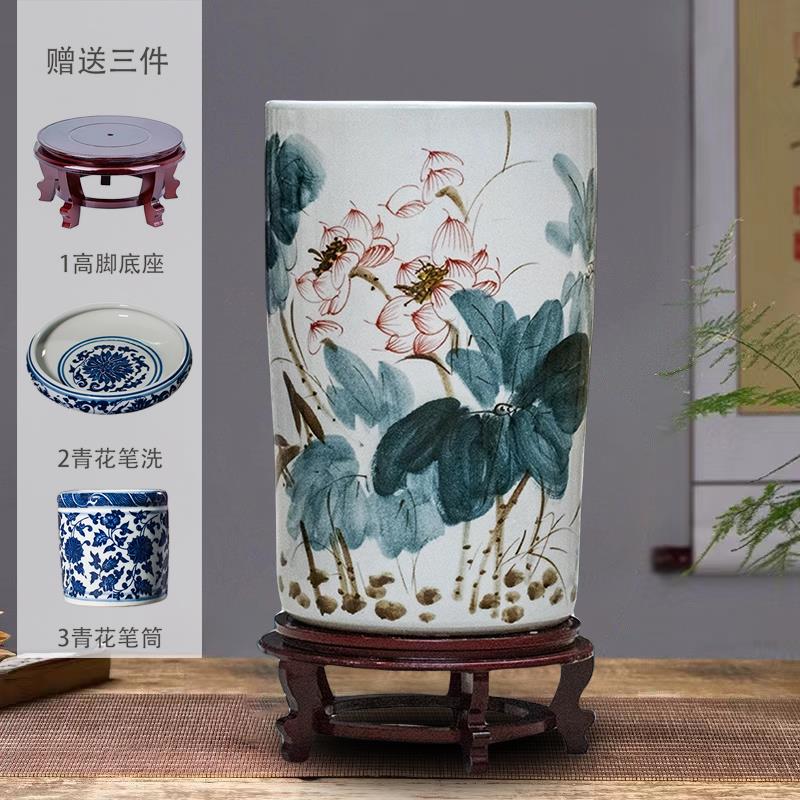 景德镇陶瓷手绘书房字画桶手绘收纳落地花瓶装饰摆件书画筒卷轴缸