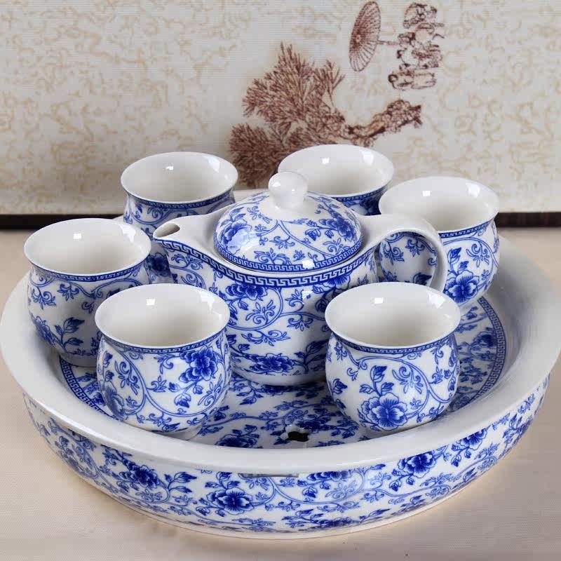 整套功夫茶具套组双层杯子隔热蓄水圆形茶盘客厅家用茶具