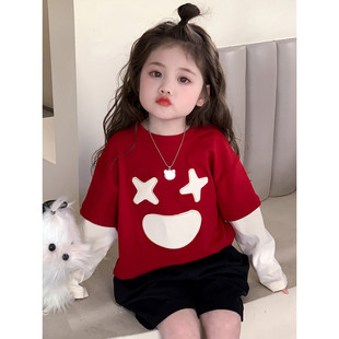男女童长袖t恤假两件春秋款儿童春装上衣打底衫假两件童装