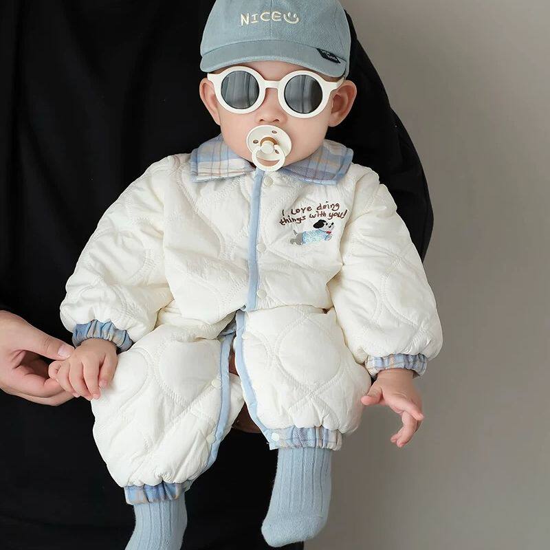 MR冬款狗狗的蓝格子哈衣婴幼时尚百搭爬服男女宝可爱翻领连体衣
