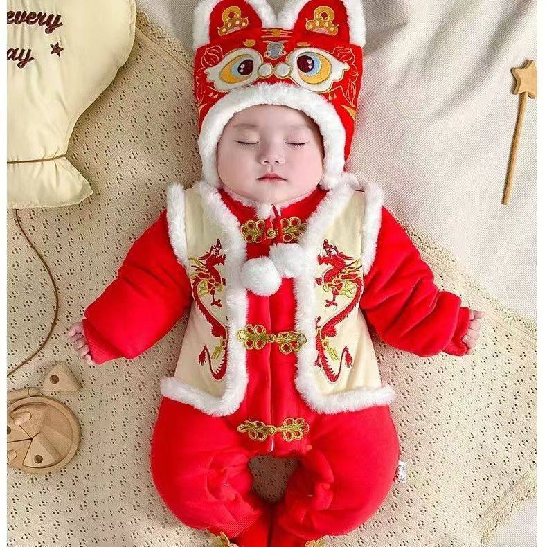 国风带帽连体衣新生婴儿拜年服冬季加厚加棉红哈衣男女宝宝过新年