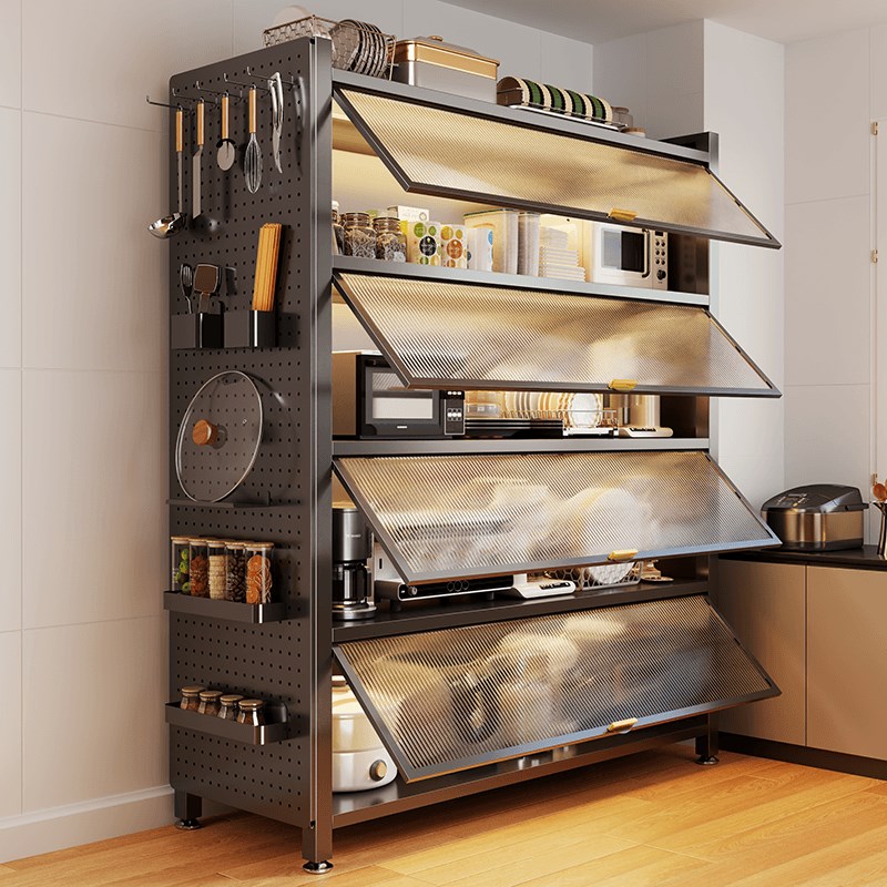 家用厨房置物架落地多层储物w柜微波炉烤箱带门多功能防尘整体橱