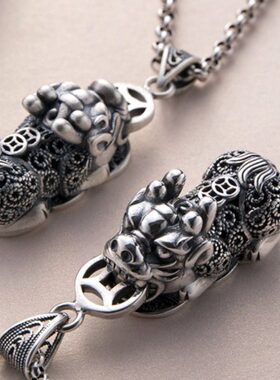 高档手工貔貅吊坠钥匙扣挂件男女挂饰挂坠毛衣链925纯银皮丘创意