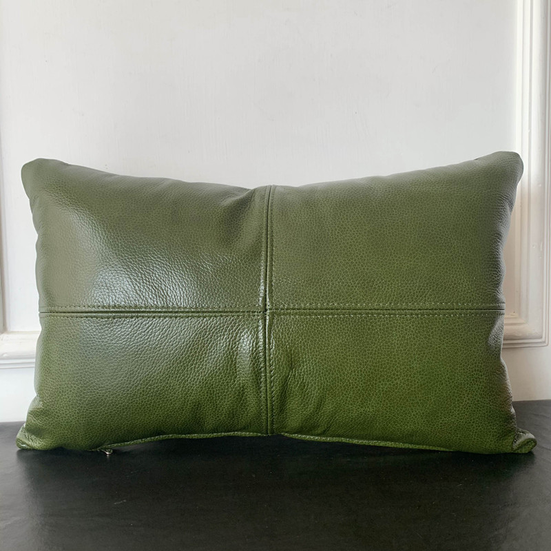 高级绿色沙发抱枕靠垫真皮腰枕靠背E枕客厅现代简约头层牛皮可定