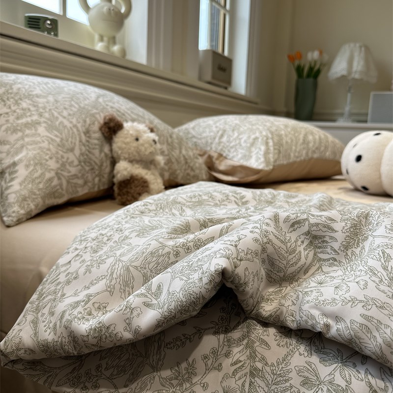 莱赛尔纤维田园小叶子绿色丝滑裸睡D夏凉被四件套薄被子空调被夏