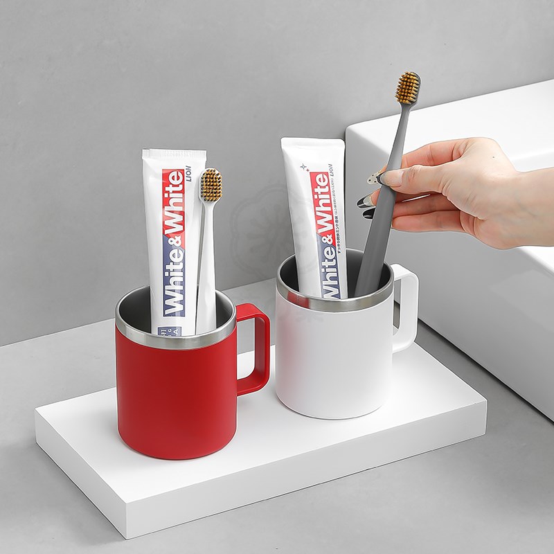 日式304不锈钢漱口杯轻奢高端情侣防霉牙刷杯牙S缸红色漱口喝水杯