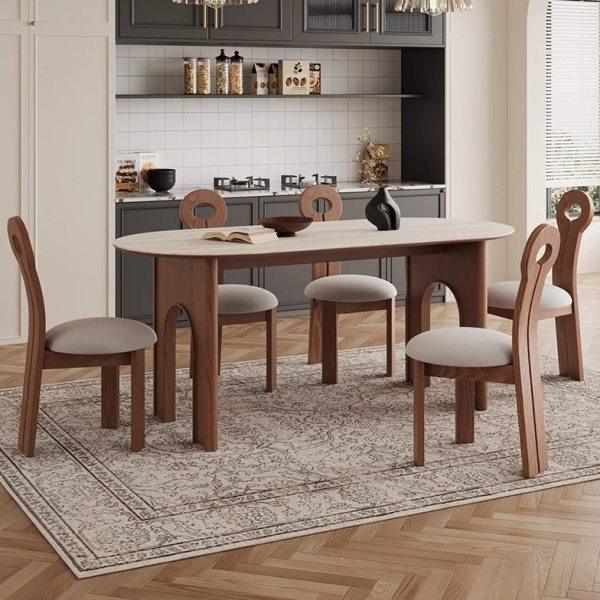 实木中古风复古餐桌餐桌高级感洞石岩板胡桃色餐桌家用椭圆形,住宅家具,岩板餐桌,淘宝优惠券,粉丝福利购,淘宝优惠卷