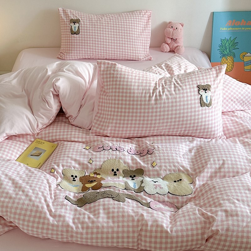 卡通可爱毛巾绣水l洗棉床上四件套非纯全棉被套床单宿舍三件套床