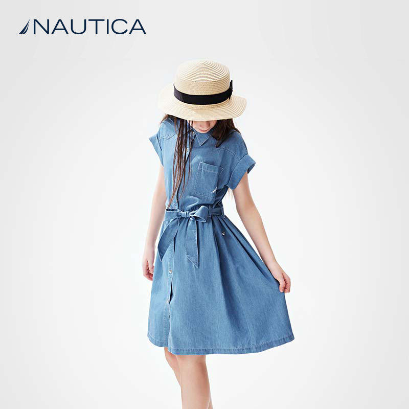 NAUTICA/诺帝卡童装 女童牛仔连衣裙夏季新款儿童牛仔裙装衬衫领