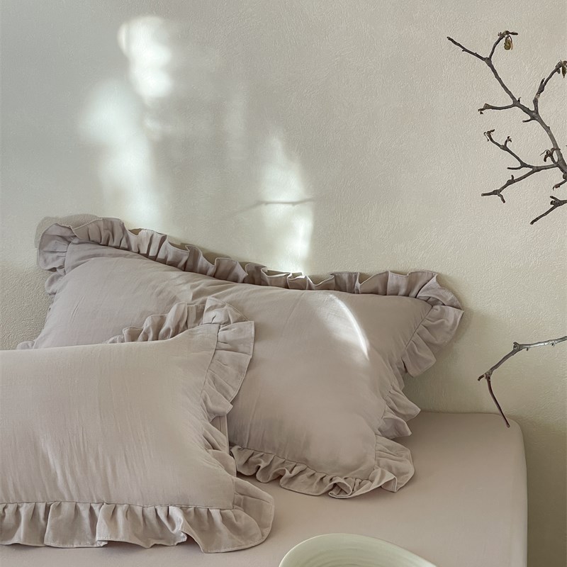 A类母婴少女心奶油色花边双层纱y简约纯色枕套一对48*74cm柔软舒