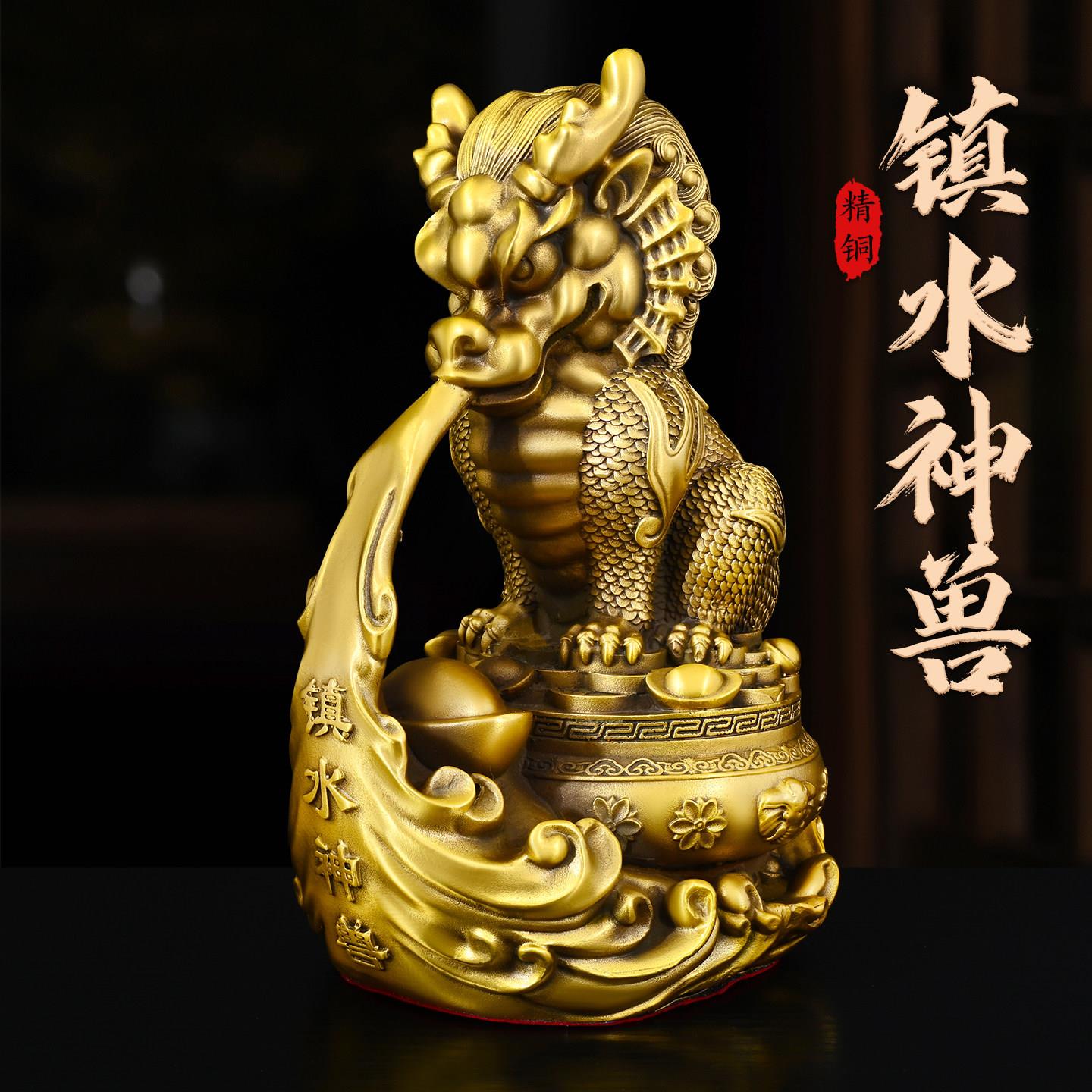 全黄铜聚宝盆镇水神兽中式摆件大号吉祥瑞兽吸水兽蚣蝮家居装饰品