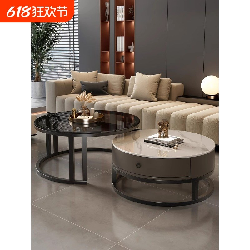 网红岩板茶几客厅家用简约现代小户型轻奢202P4新款圆形边几大理