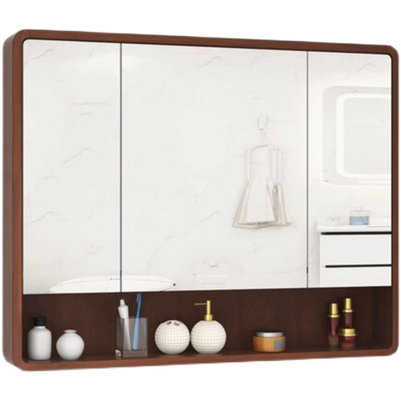 圆角橡木浴室镜柜卫m生间镜子带置物架挂墙式镜前柜实木储物柜单