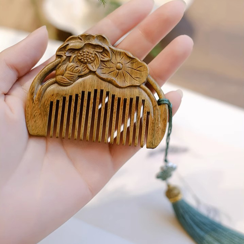 绿檀木梳子复古风荷花梳迷你v便携发梳可刻字情人节送女友梳发礼
