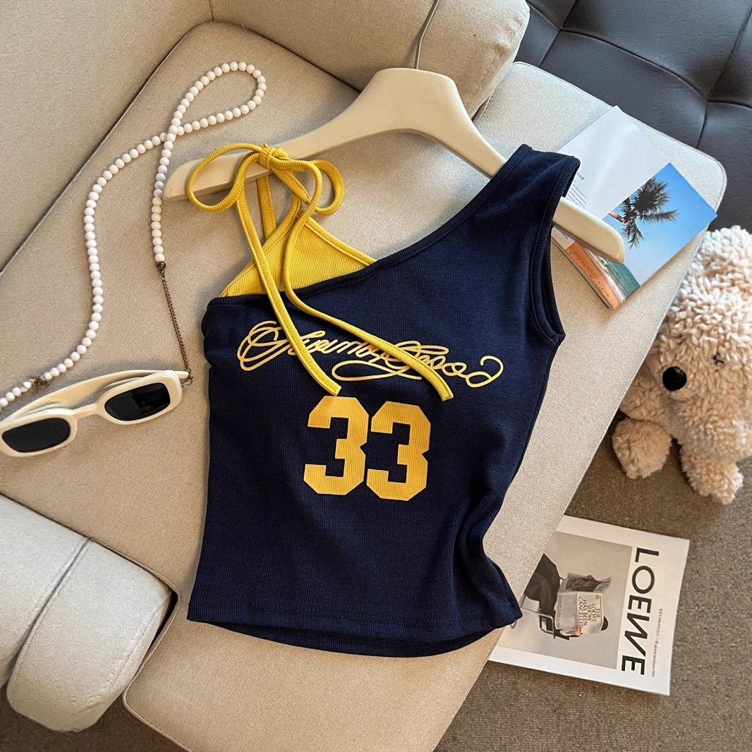 美式撞色印花短袖斜肩辣妹t恤女夏季自带胸垫收腰显瘦短款小上衣,女装/女士精品,抹胸,淘宝优惠券,粉丝福利购,淘宝优惠卷