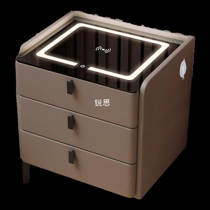 智能实木床头柜卧室家用轻奢x简约无线充带灯多功能三层床边柜整