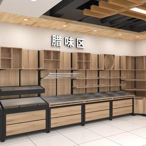 钢木货架商超干货货架形象柜不锈钢腊肉展示架