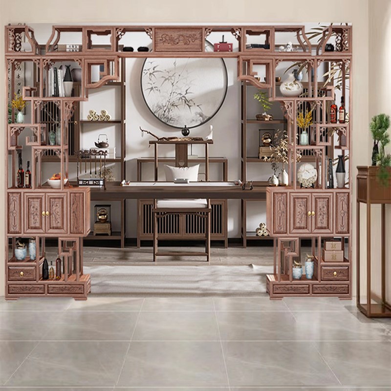 实木伸缩月洞门新中式博s古架多宝阁古董柜隔断玄关书架月亮门屏