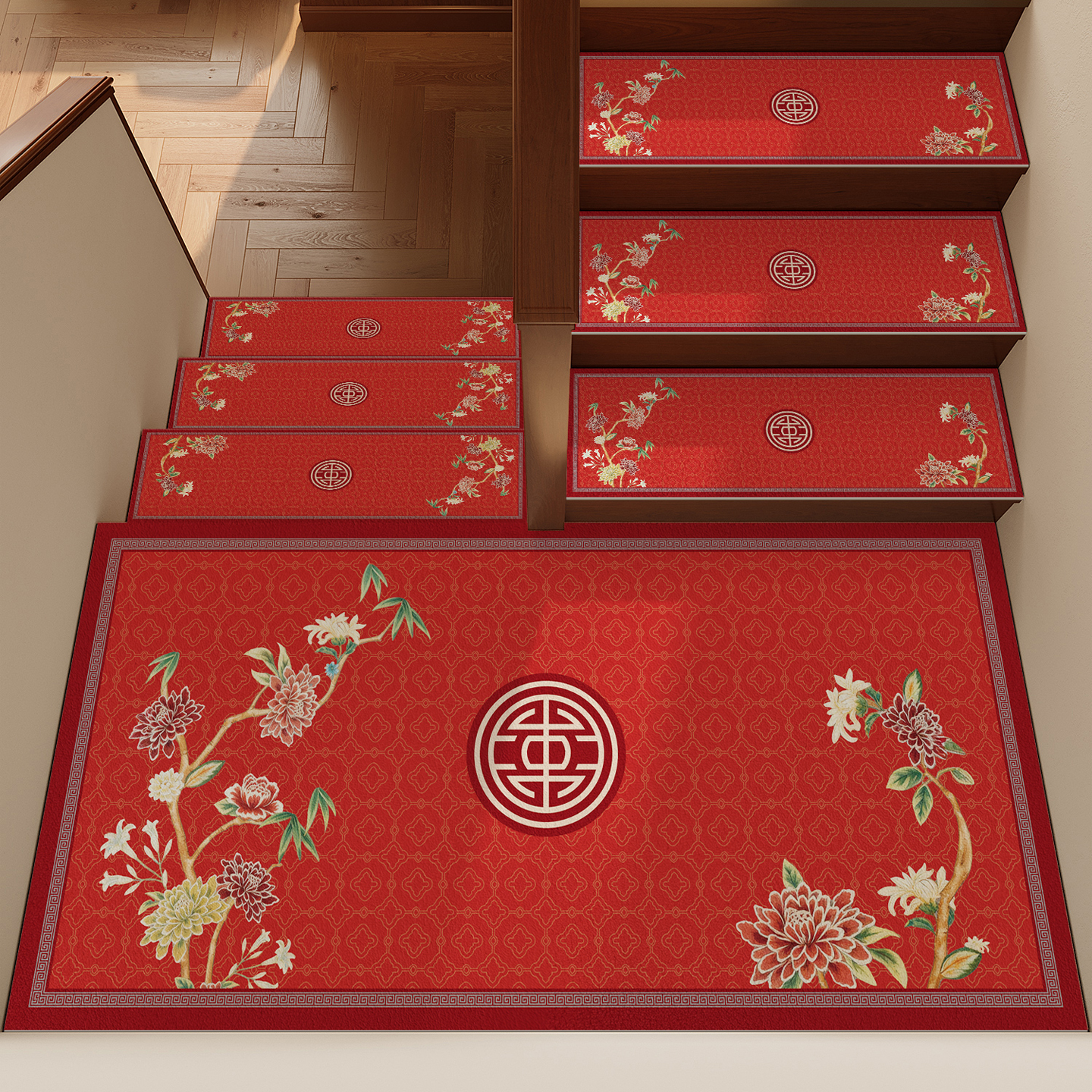 新年喜庆红色实木台阶楼梯垫
