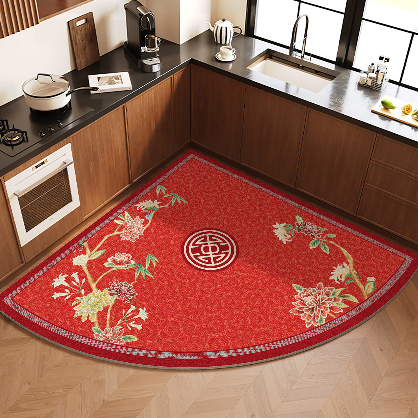 中式喜庆红色扇形厨房专用地毯防滑防油可擦免洗皮革转角地垫耐脏,居家布艺,厨房地垫,淘宝优惠券,粉丝福利购,淘宝优惠卷