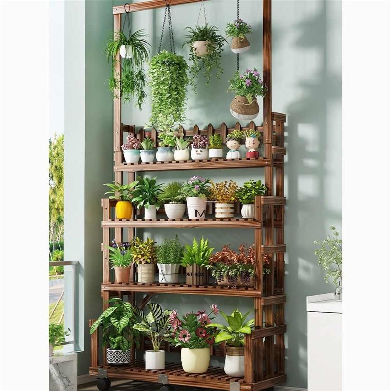 2023新d款带轮防腐木花架多层移动置物架阳台实木客厅炭烧木花架