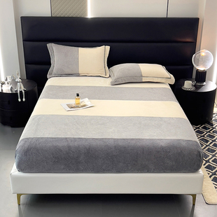 新款A类高克重暖茸绒色织提花条纹牛奶绒床笠加厚全包款