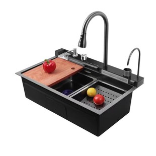 鲸鱼5键飞雨水槽不锈钢304水槽厨房水槽飞雨瀑布鲸鱼双瀑布洗菜盆