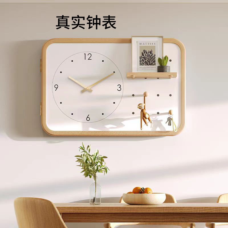 时钟原木风带钟表强电箱遮挡洞洞板电表箱装饰画挂钩入户盒配电箱