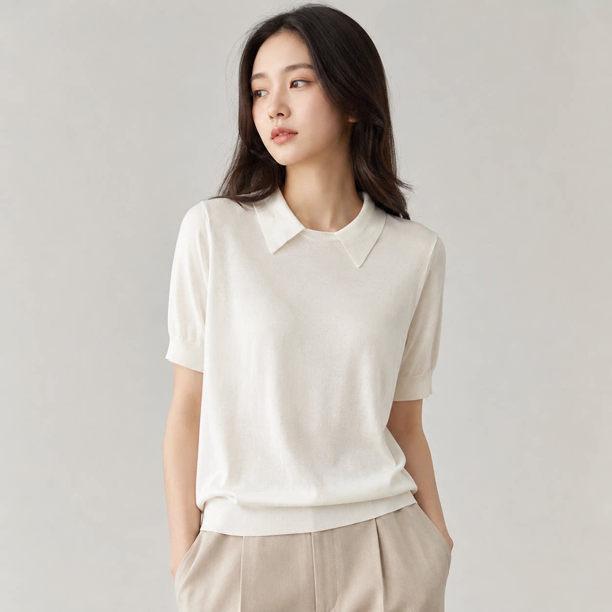 合盈100%桑蚕丝针织翻领内搭短袖T恤打底毛衣女气质女装2026春夏
