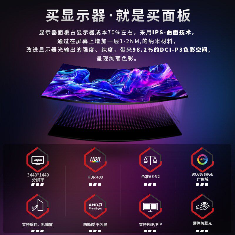34英寸21:9宽屏办公电脑显示器4k144Hz带鱼屏曲面专业炒股分屏 5K