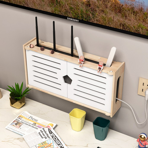 实木路由器收纳盒wifi猫电源插线板遮挡箱机顶盒壁挂置物架免打孔