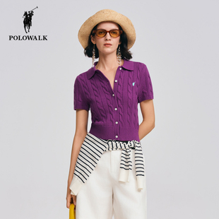 POLOWALK翻领短袖针织衫女26年春季新款保罗女装修身绞花毛衣开衫