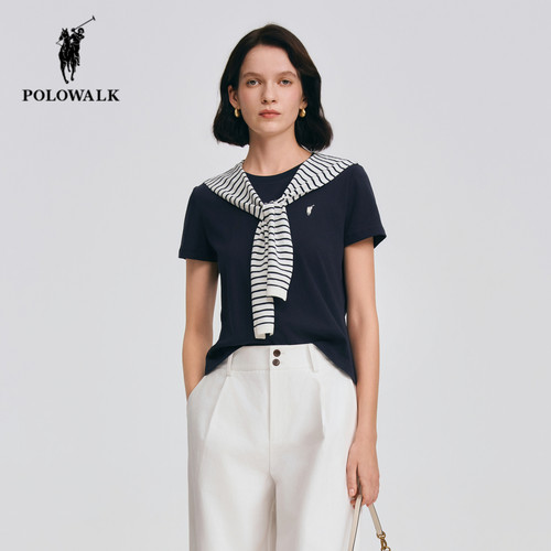 POLOWALK夏季新品条纹披肩短袖女
