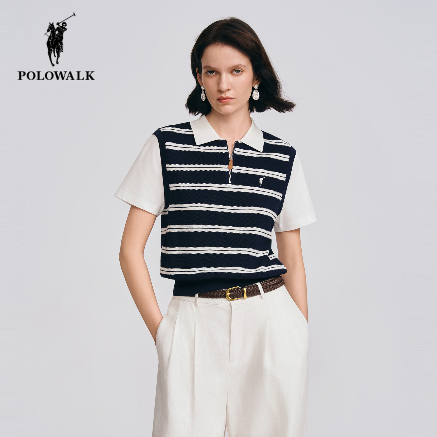 POLOWALK翻领短袖针织衫女2026年春季新款保罗女装假两件套头上衣