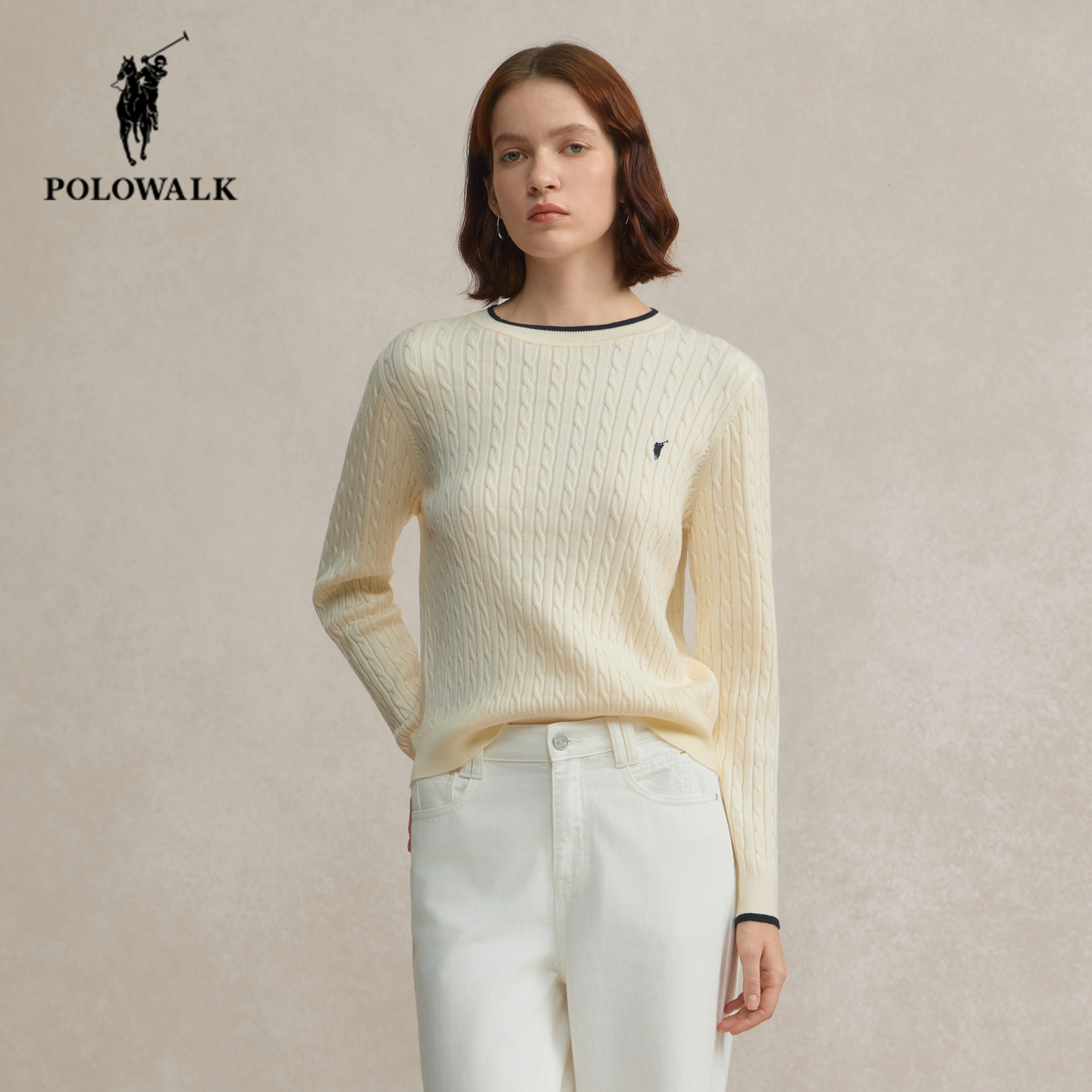 POLOWALK绞花针织衫女秋冬新款保罗女装撞色圆领休闲保暖套头毛衣