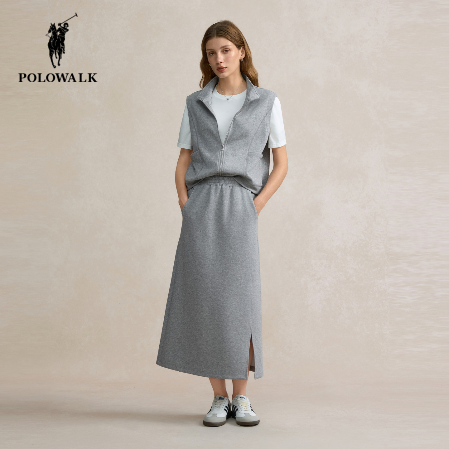 POLOWALK休闲半身裙女25秋季新款保罗女装运动简约松紧腰开衩裙子