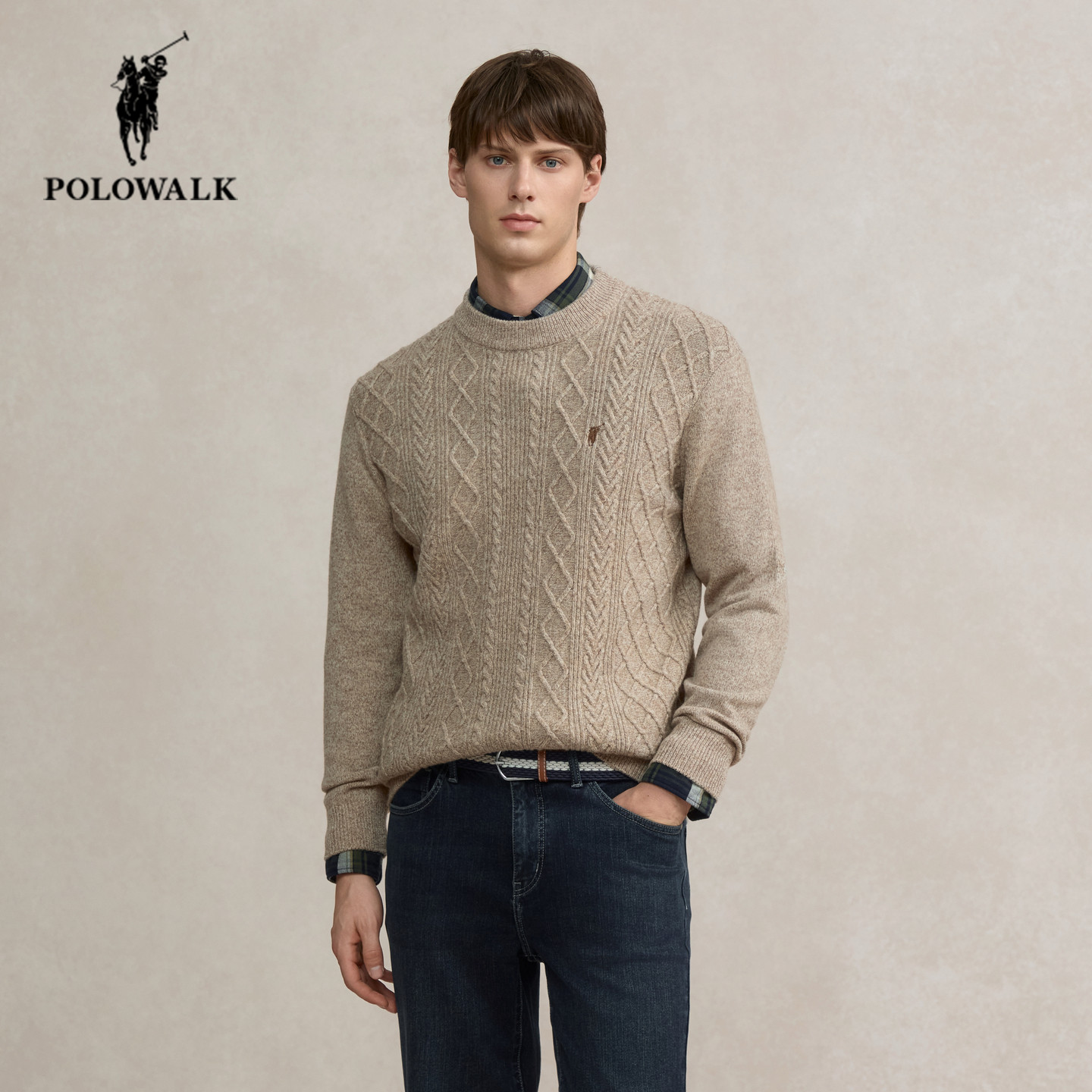 POLOWALK男士圆领羊毛衫2025冬季新款保罗男装休闲百搭纯色针织衫