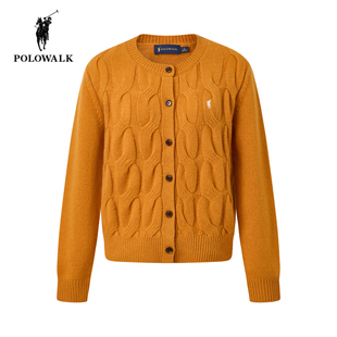 POLOWALK圆领羊毛开衫女25冬季新款保罗女装宽松百搭绞花毛衣外套