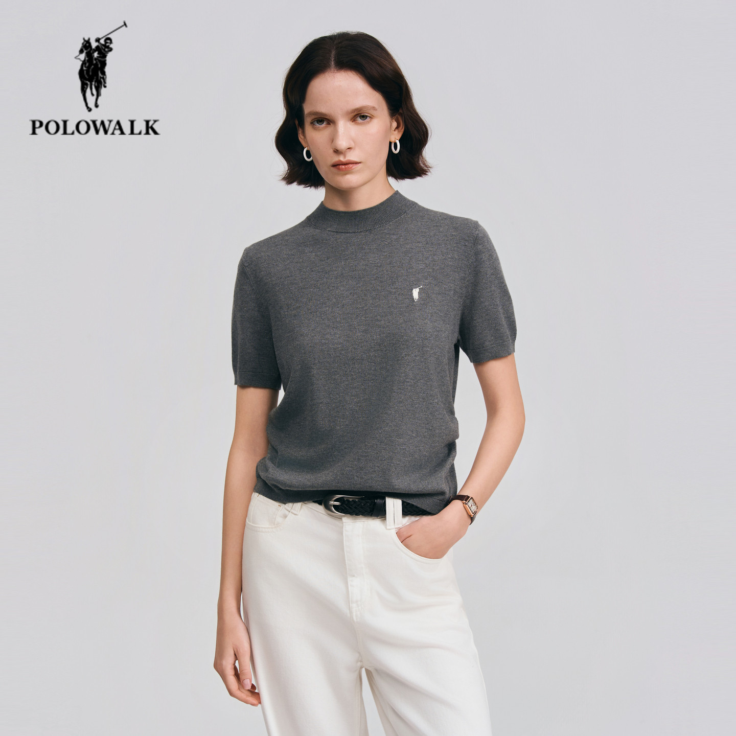 POLOWALK短袖针织衫女26夏季新款保罗女装圆领套头毛衣半袖打底衫