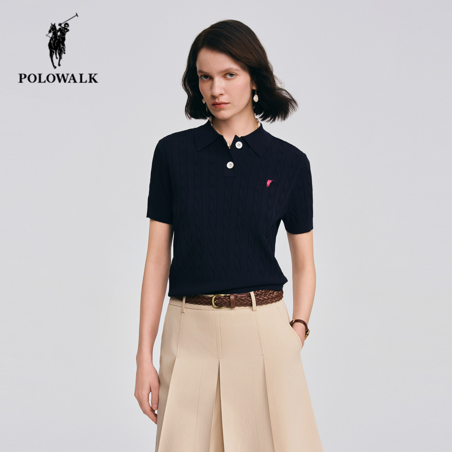POLOWALK短袖针织衫女26年春季新款保罗女装翻领绞花套头针织上衣