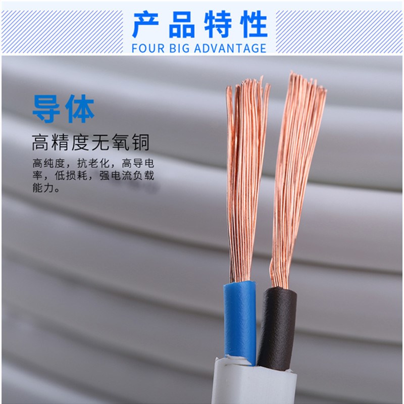 众邦电线RVVB扁软护套电源线2芯0.5/0.75/1/1.5/2.5/4/6平方国标