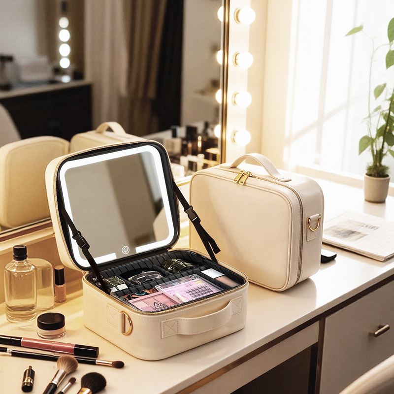 巧姿专业化妆包女带灯镜子高端时尚PU皮手提便携分区收纳化妆品包